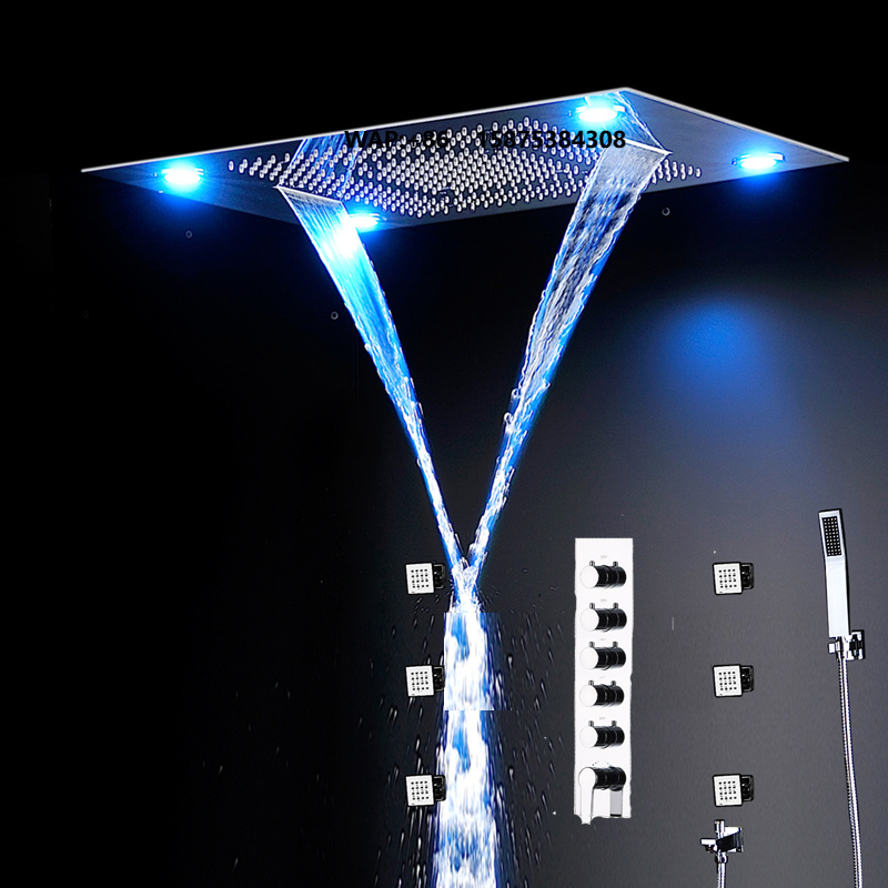 Led Rainfall Shower Head Waterfall - مجموعة دش حمام كبيرة بإضاءة LED،
