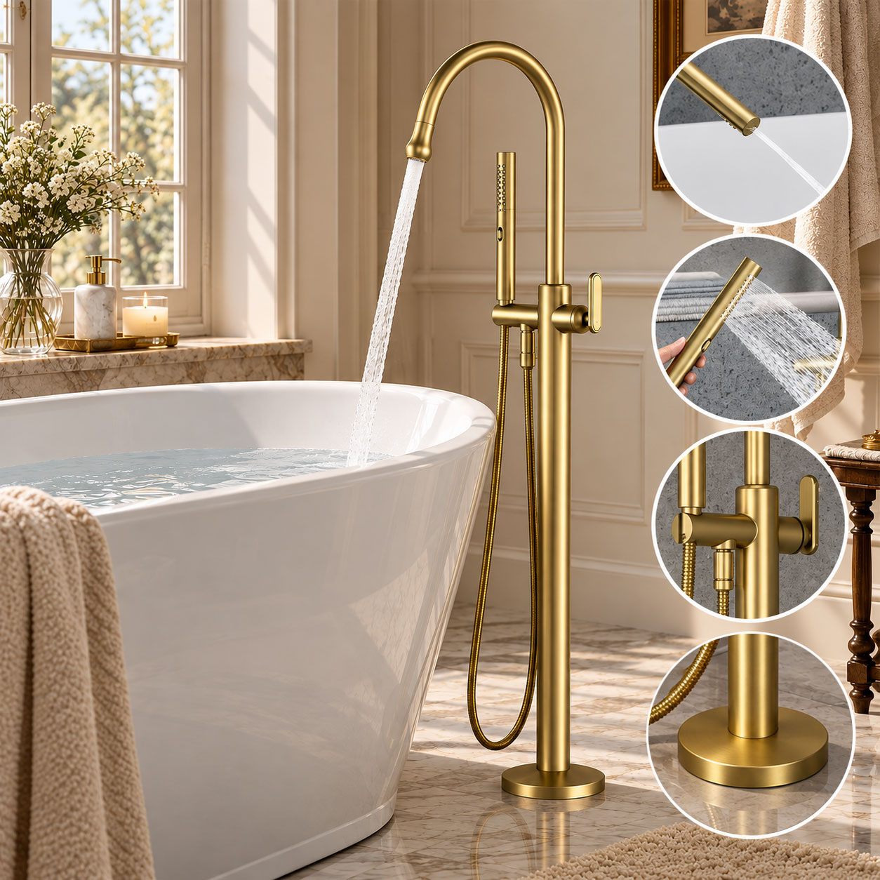 Freestanding Bathtub Filler Faucet Floor - صنبور حوض استحمام فاخر قائم بذاته
