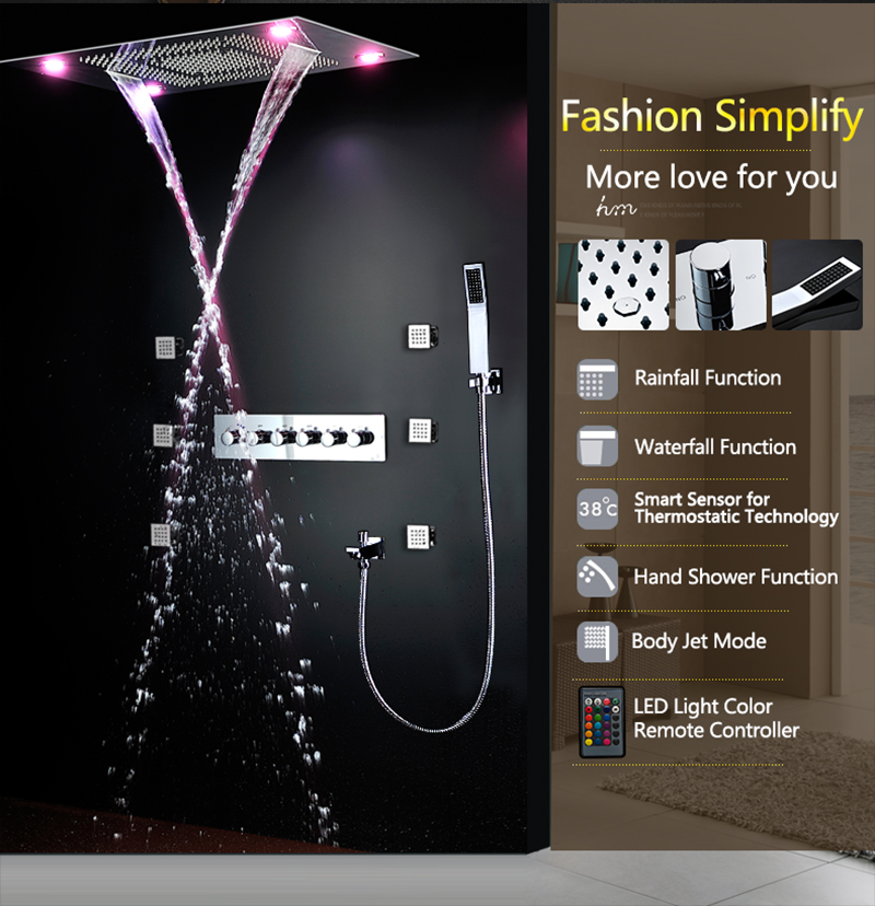 مجموعة دش حمام كبيرة بإضاءة LE - مراجعة Led Rainfall Shower Head Waterfall وسعره