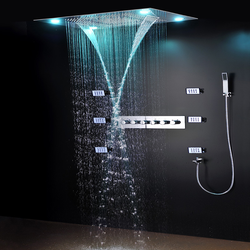 مجموعة دش حمام كبيرة بإضاءة LE - مراجعة Led Rainfall Shower Head Waterfall وسعره