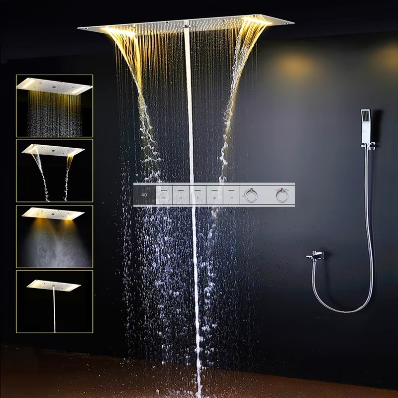 مجموعة دش ذكية بإضاءة LED مع ر - مراجعة Led Rainfall Shower Head Waterfall وسعره