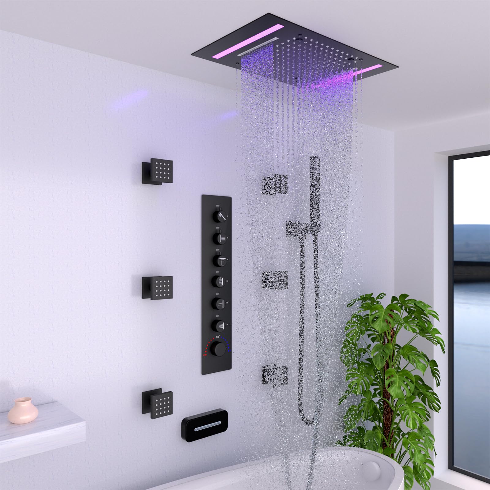 رأس دش حديث متعدد الوظائف من ا - مراجعة Led Rainfall Shower Head Waterfall وسعره