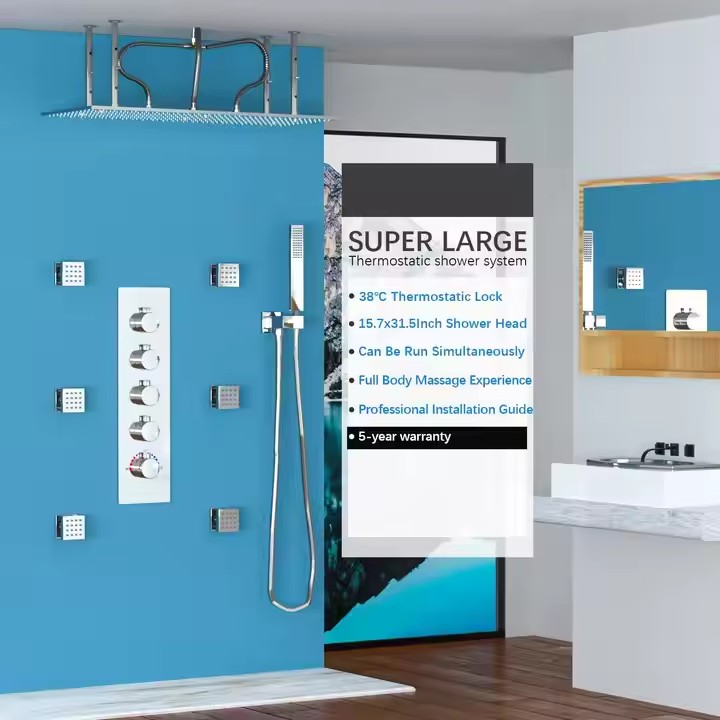 نظام دش فاخر للحمام مع رأس دش  - مراجعة Rainfall Shower Head Ceiling Mount 16 Inch وسعره